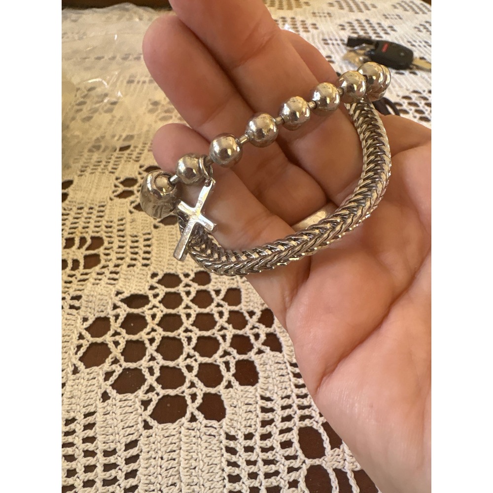 Carbon Elements Mens Silver Tone Cross & Beads Accent Bracelet Set New‎ - Picture 2 of 4